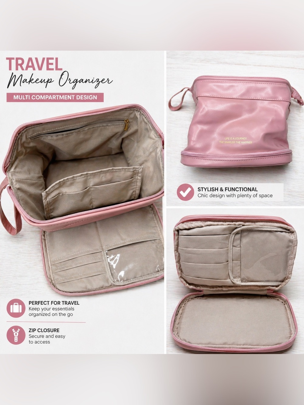 Pink Travel Makeup Bag Organizer Cosmetic Case Toiletry Storage Pouch Zipper
